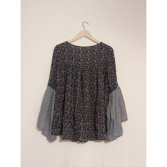 Mittoshop Bohemian Tunic Style Tie Blouse Bell Bottom Flare Sleeves women medium - Picture 2 of 8